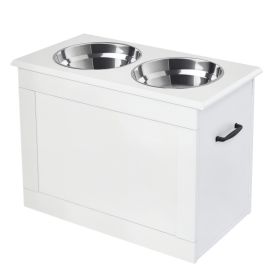 Raised Pet Feeding Storage Station with 2 Stainless Steel Bowls Base for Large Dogs and Other Large Pets, White