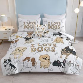 4 pcs Dogs Comforter Set, Cute Multi-Breed Dog Print Quilt Set, Pet Dog Lover Bedding with Pillow Shams, Cartoon Puppy Bedspread for Kids & Adults