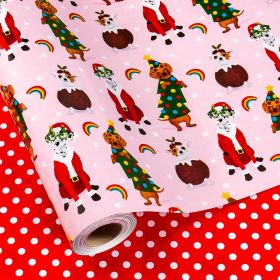 Pink Dog Christmas Wrapping Paper Roll - Cute Dogs with Christmas Decorations, Rainbow & Red Polka Dot, Reversible Gift Wrap for Christmas